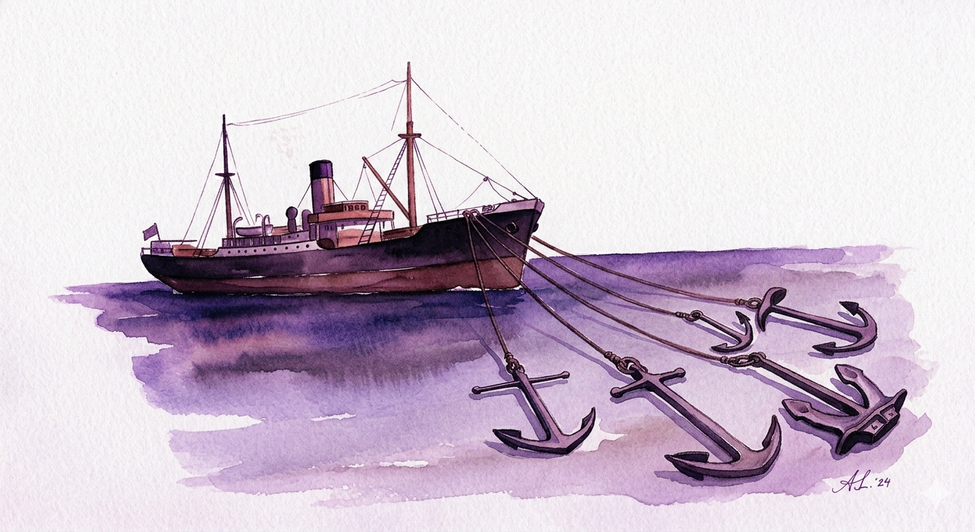 Watercolor illustration of a ship dragging four heavy anchors through the water